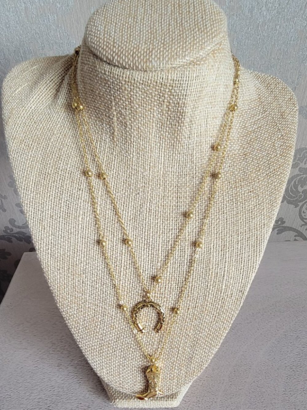 Gold Tone Layer Horseshoe and Boot Necklace